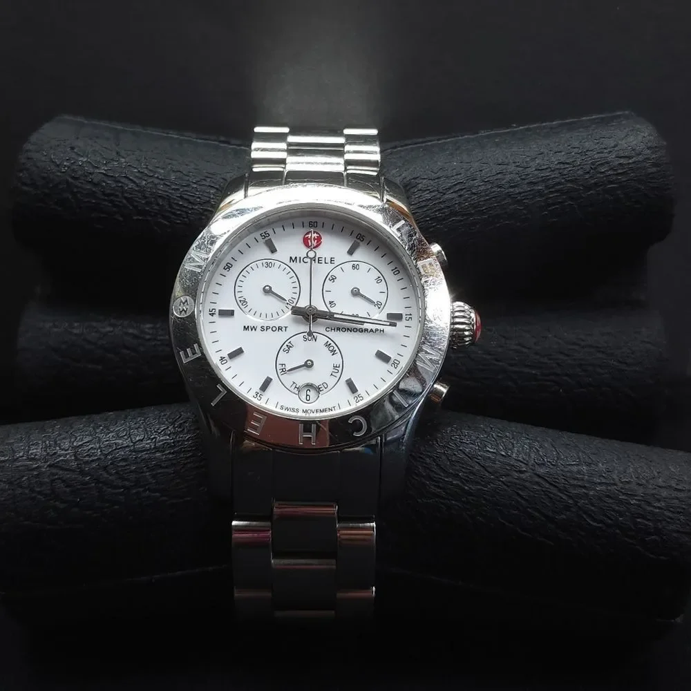 Michele MW Sport Silver Chronograph Swiss Quartz Watch EUC AUTHENTIC